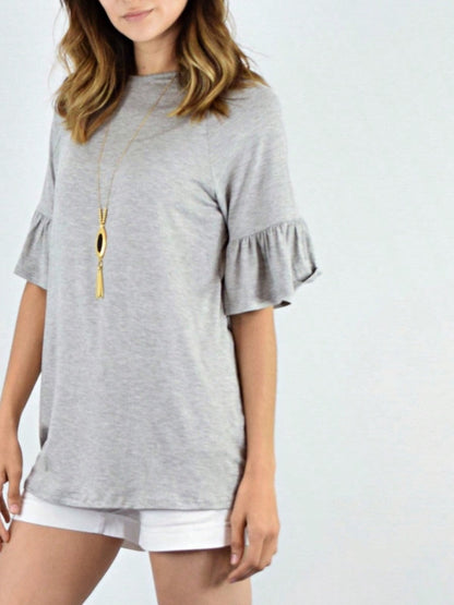 Summer Cool Rayon Boho Retro Vintage Ruffle Half Sleeve Grey Simple Tunic Top Shirt Blouse