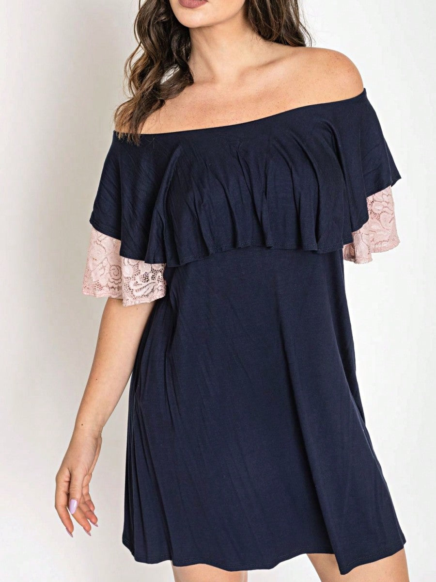 Boho Retro Off Shoulder Rayon  Mini Dress Ruffle Flounce Sleeve Lace Detail With Pockets
