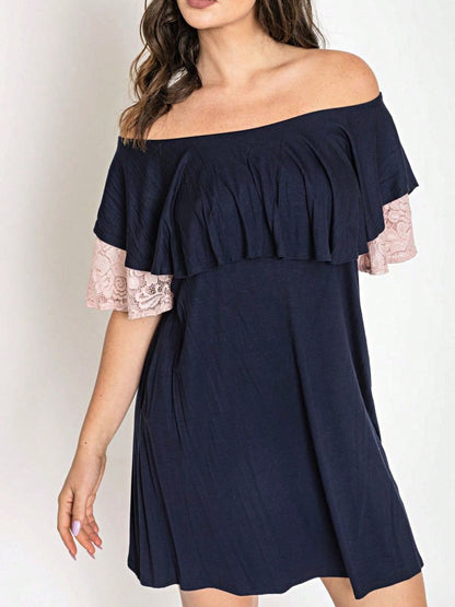 Boho Retro Off Shoulder Rayon  Mini Dress Ruffle Flounce Sleeve Lace Detail With Pockets