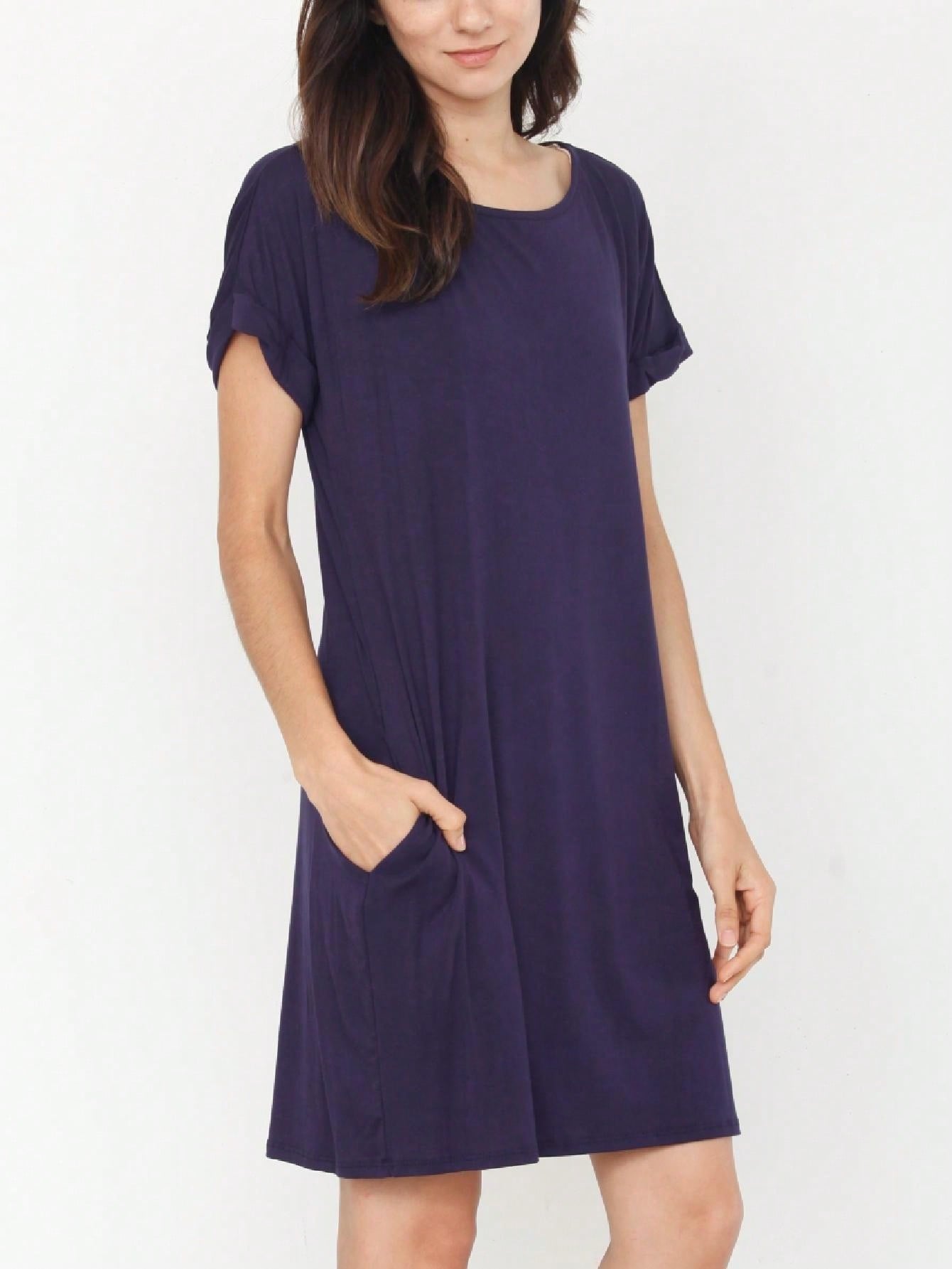 Boho Retro Rayon Cool Soft Summer Cuff Short Sleeve Crew Neck T Shirt Mini Dress Tunic With Pockets