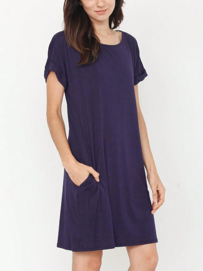 Boho Retro Rayon Cool Soft Summer Cuff Short Sleeve Crew Neck T Shirt Mini Dress Tunic With Pockets