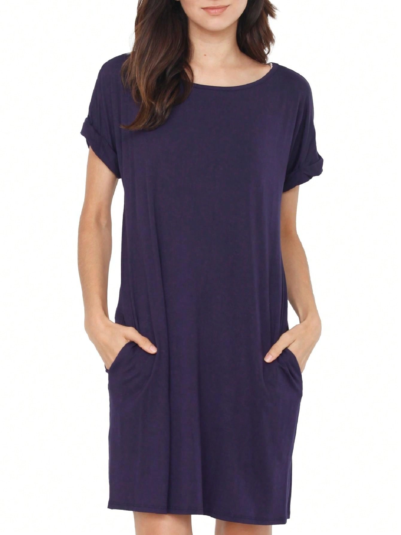 Boho Retro Rayon Cool Soft Summer Cuff Short Sleeve Crew Neck T Shirt Mini Dress Tunic With Pockets