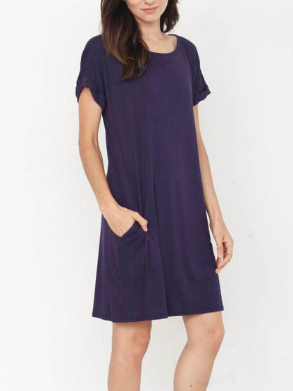 Boho Retro Rayon Cool Soft Summer Cuff Short Sleeve Crew Neck T Shirt Mini Dress Tunic With Pockets