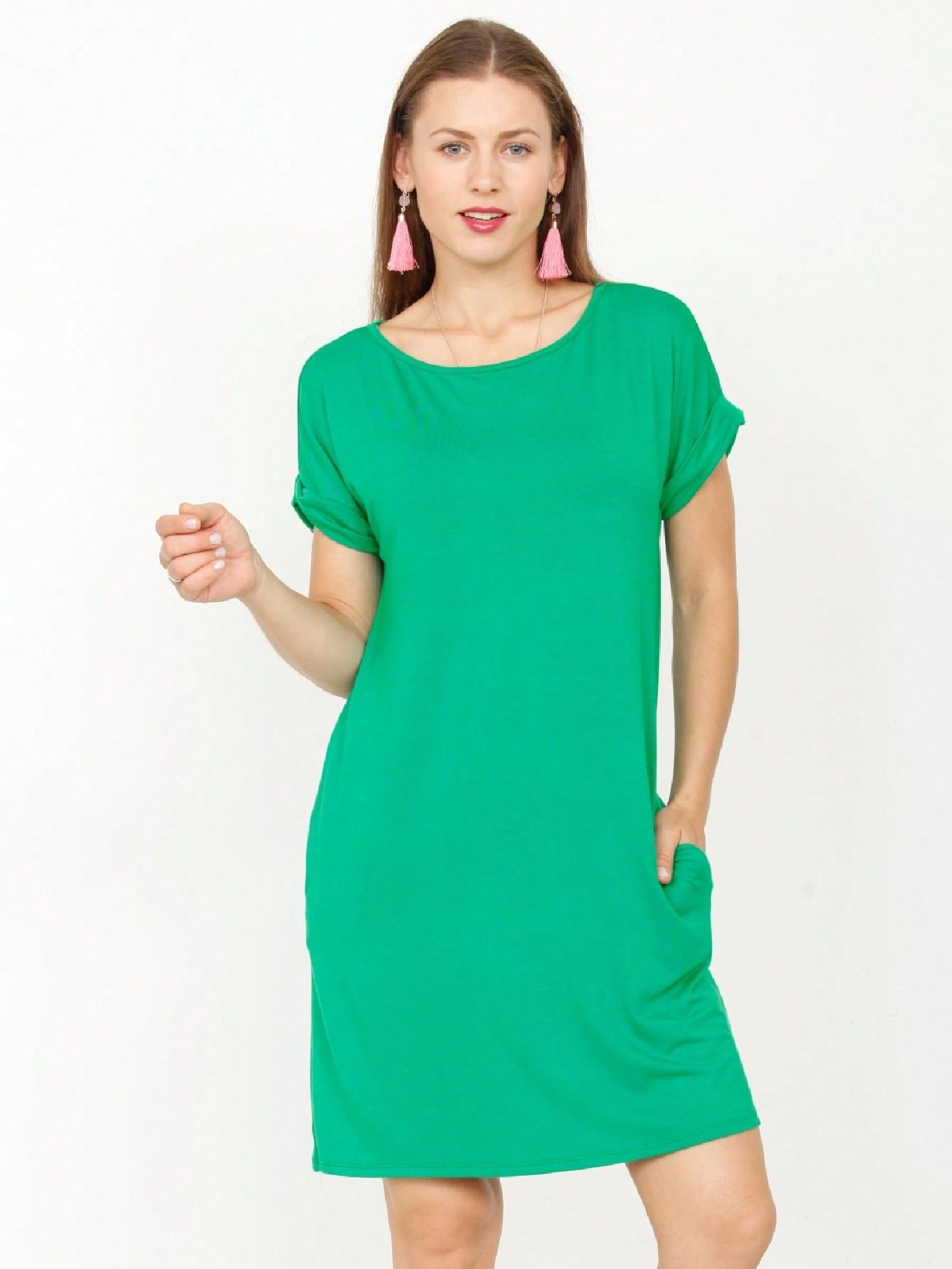 Boho Retro Rayon Cool Soft Summer Cuff Short Sleeve Crew Neck T Shirt Mini Dress Tunic With Pockets
