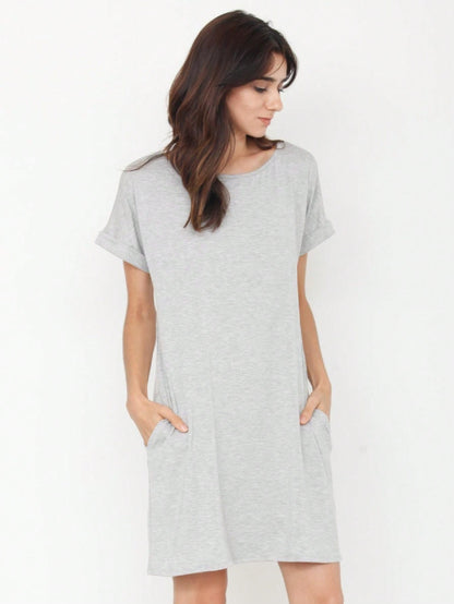 Boho Retro Rayon Cool Soft Summer Cuff Short Sleeve Crew Neck T Shirt Mini Dress Tunic With Pockets