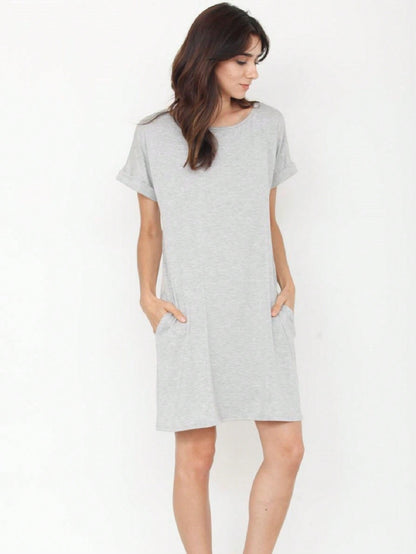 Boho Retro Rayon Cool Soft Summer Cuff Short Sleeve Crew Neck T Shirt Mini Dress Tunic With Pockets