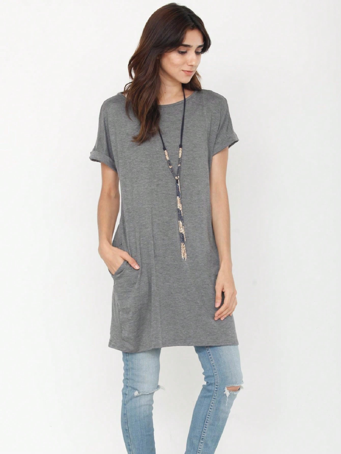 Boho Retro Rayon Cool Soft Summer Cuff Short Sleeve Crew Neck T Shirt Mini Dress Tunic With Pockets