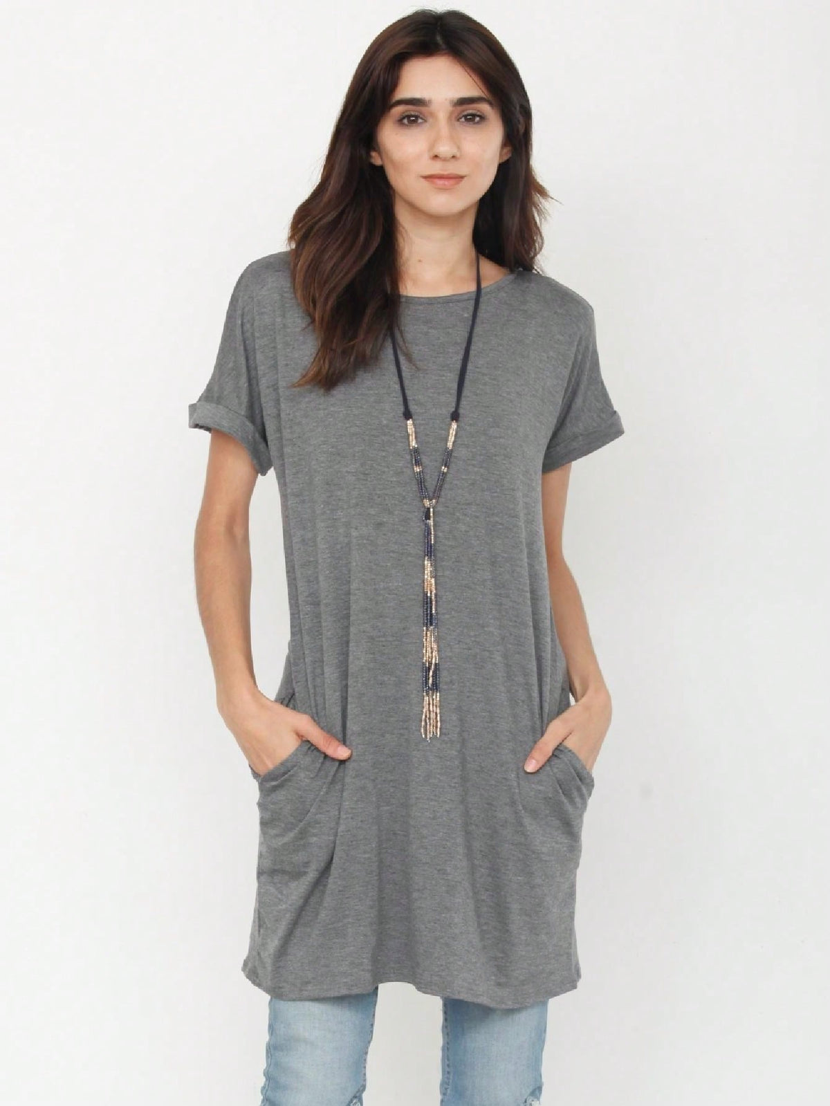 Boho Retro Rayon Cool Soft Summer Cuff Short Sleeve Crew Neck T Shirt Mini Dress Tunic With Pockets