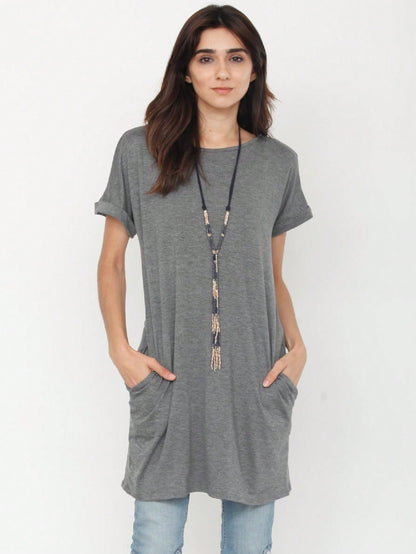 Boho Retro Rayon Cool Soft Summer Cuff Short Sleeve Crew Neck T Shirt Mini Dress Tunic With Pockets