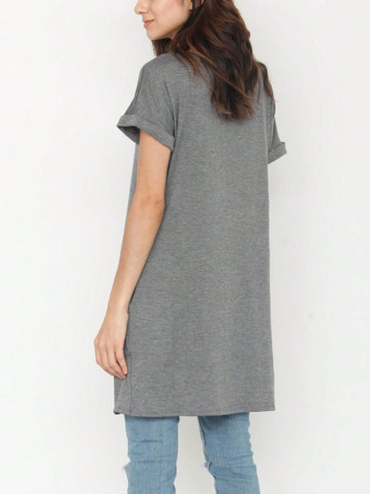 Boho Retro Rayon Cool Soft Summer Cuff Short Sleeve Crew Neck T Shirt Mini Dress Tunic With Pockets