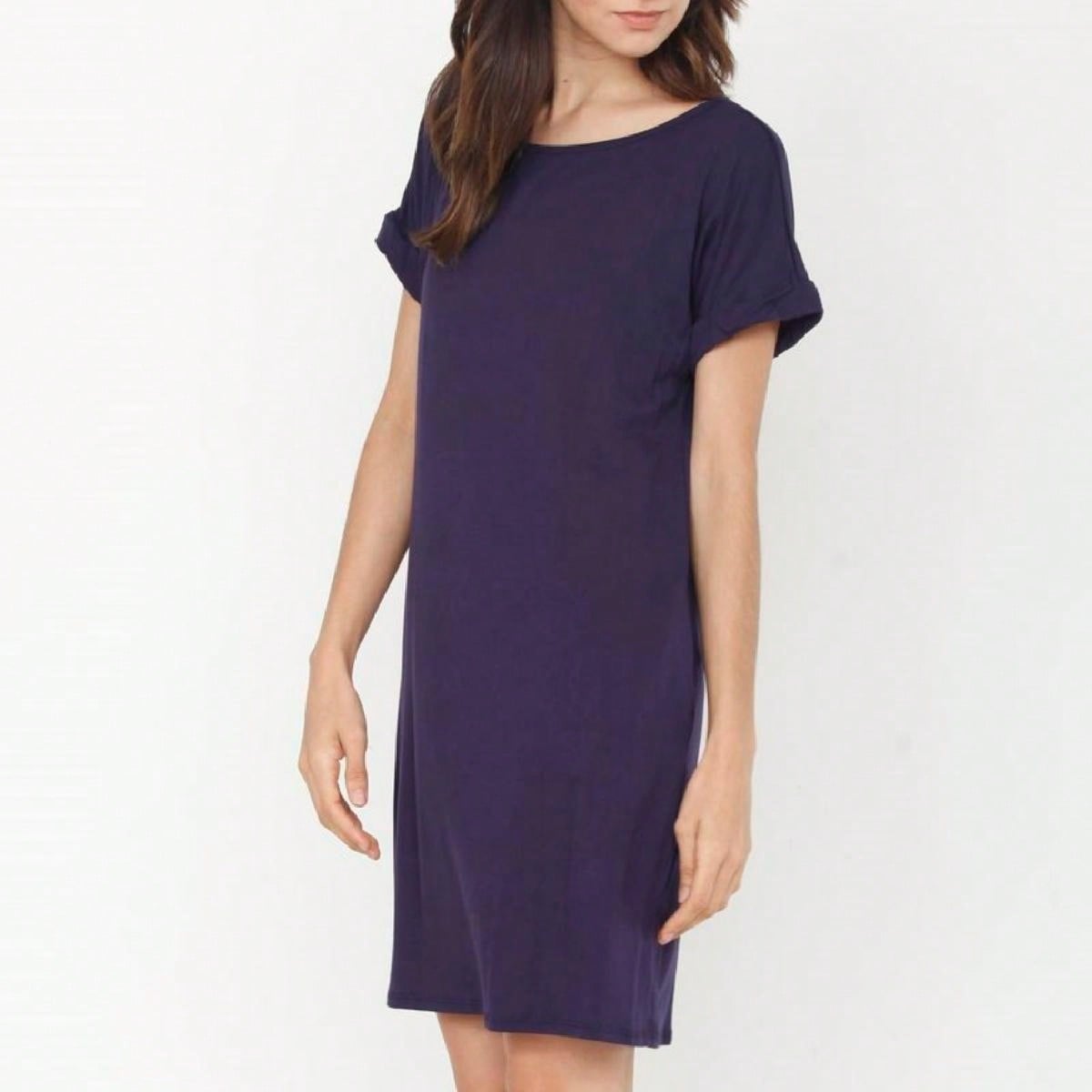 Boho Retro Rayon Cool Soft Summer Cuff Short Sleeve Crew Neck T Shirt Mini Dress Tunic With Pockets