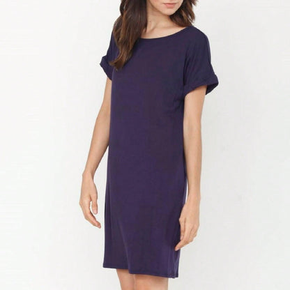 Boho Retro Rayon Cool Soft Summer Cuff Short Sleeve Crew Neck T Shirt Mini Dress Tunic With Pockets
