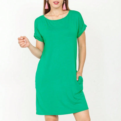 Boho Retro Rayon Cool Soft Summer Cuff Short Sleeve Crew Neck T Shirt Mini Dress Tunic With Pockets