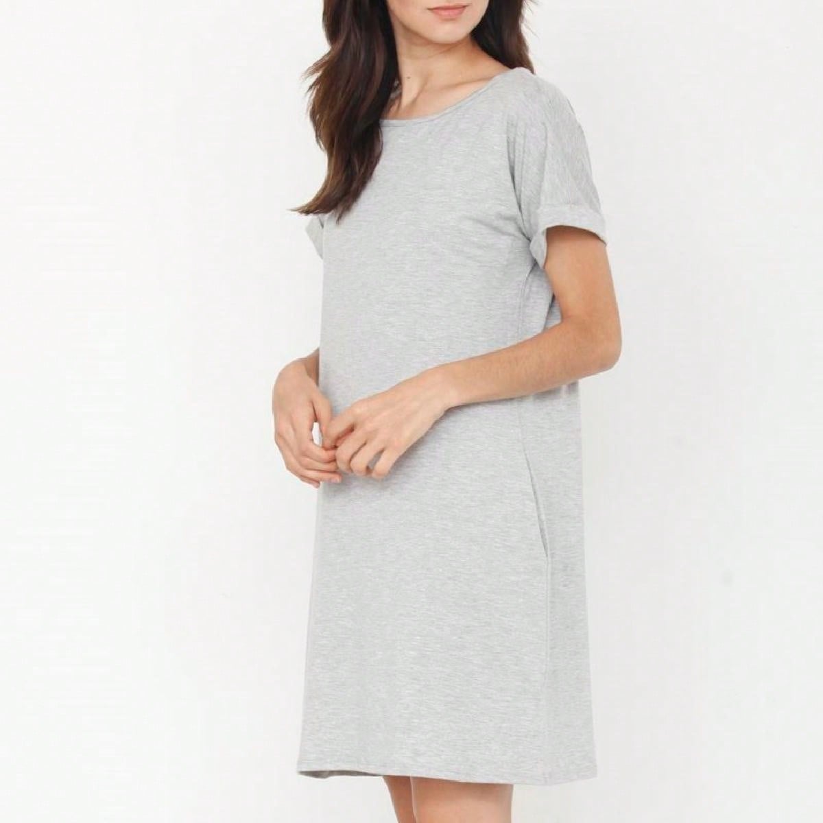 Boho Retro Rayon Cool Soft Summer Cuff Short Sleeve Crew Neck T Shirt Mini Dress Tunic With Pockets