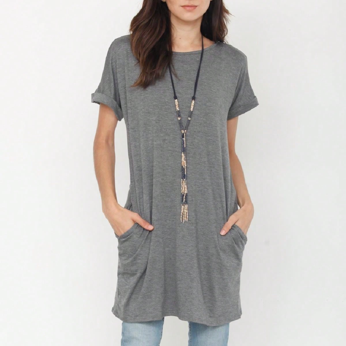 Boho Retro Rayon Cool Soft Summer Cuff Short Sleeve Crew Neck T Shirt Mini Dress Tunic With Pockets