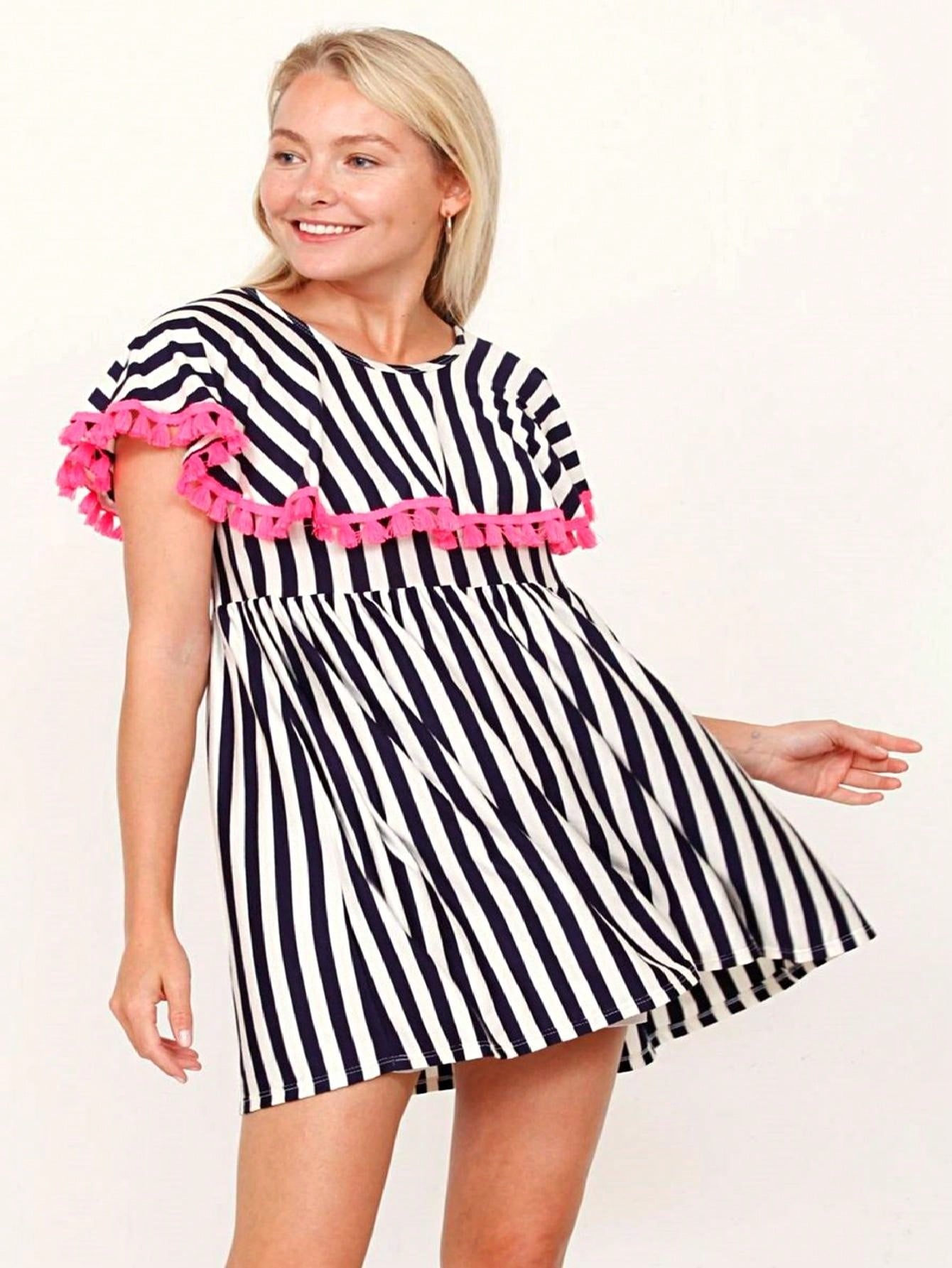 Boho Retro Stripe Pink Tassel Rayon Cool Smooth Soft Tunic Dress Top Shirt Blouse