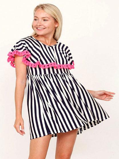 Boho Retro Stripe Pink Tassel Rayon Cool Smooth Soft Tunic Dress Top Shirt Blouse