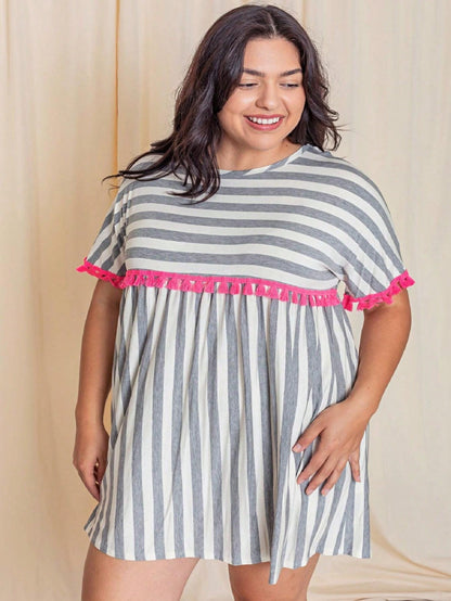 Boho Retro Stripe Pink Tassel Rayon Cool Smooth Soft Tunic Dress Top Shirt Blouse