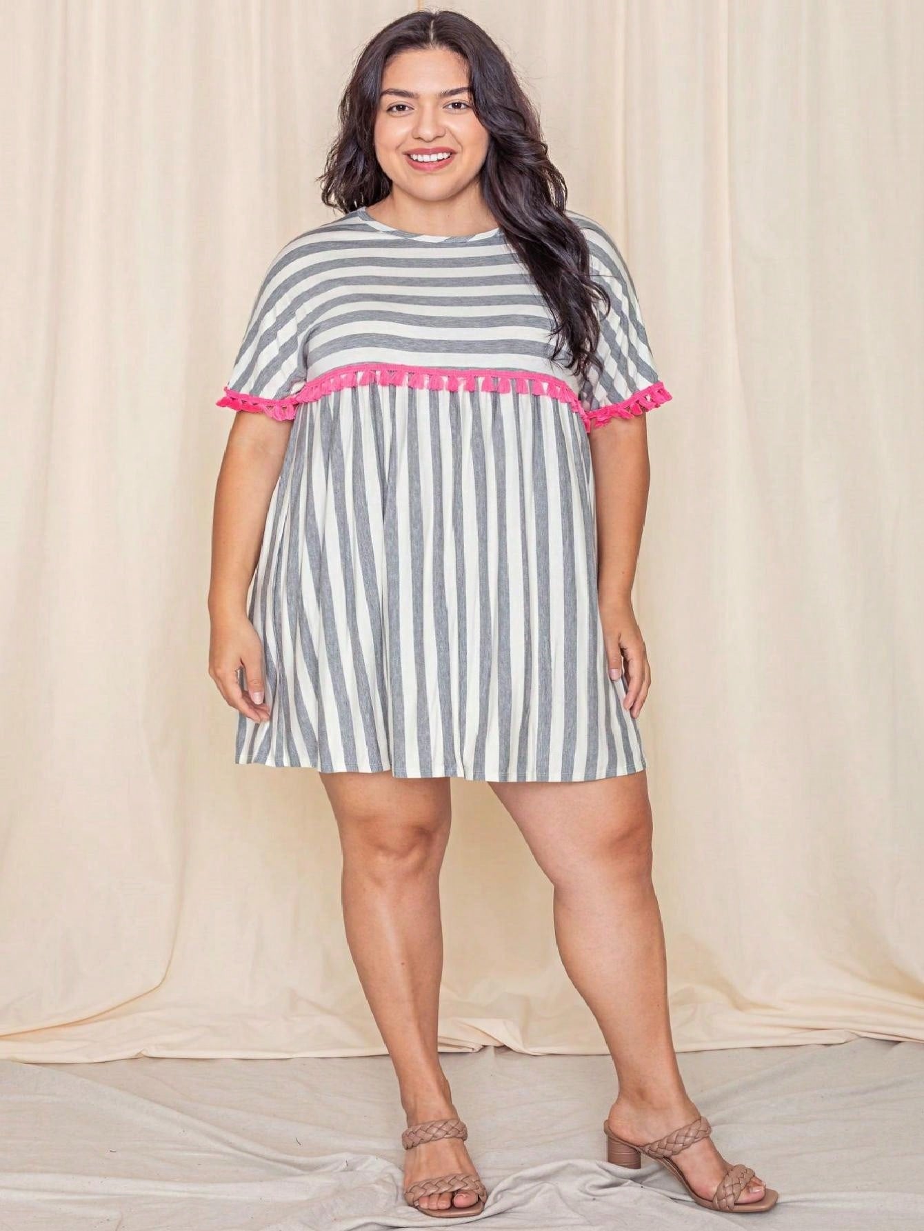 Boho Retro Stripe Pink Tassel Rayon Cool Smooth Soft Tunic Dress Top Shirt Blouse