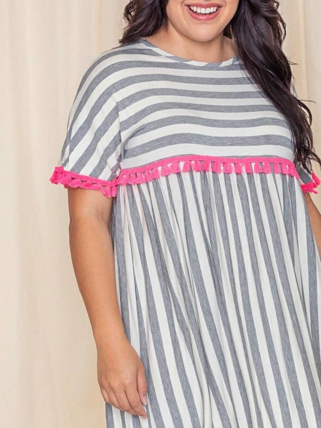 Boho Retro Stripe Pink Tassel Rayon Cool Smooth Soft Tunic Dress Top Shirt Blouse