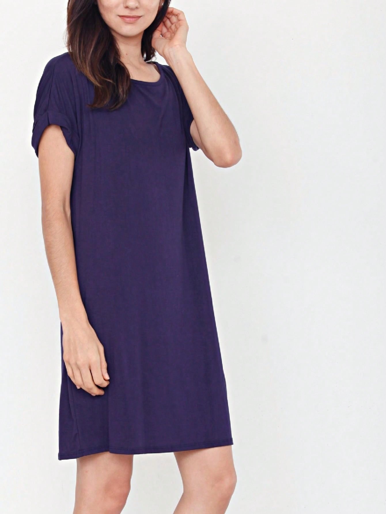 Boho Retro Rayon Cool Soft Summer Cuff Short Sleeve Crew Neck T Shirt Mini Dress Tunic With Pockets