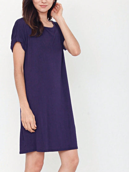 Boho Retro Rayon Cool Soft Summer Cuff Short Sleeve Crew Neck T Shirt Mini Dress Tunic With Pockets