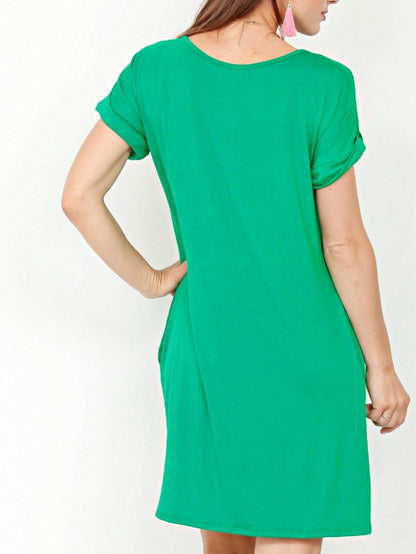 Boho Retro Rayon Cool Soft Summer Cuff Short Sleeve Crew Neck T Shirt Mini Dress Tunic With Pockets