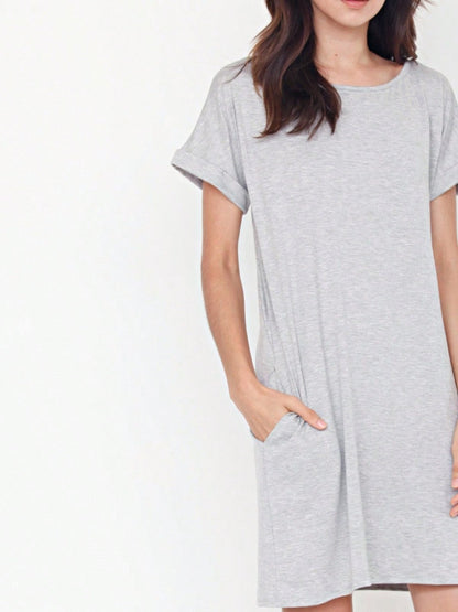 Boho Retro Rayon Cool Soft Summer Cuff Short Sleeve Crew Neck T Shirt Mini Dress Tunic With Pockets