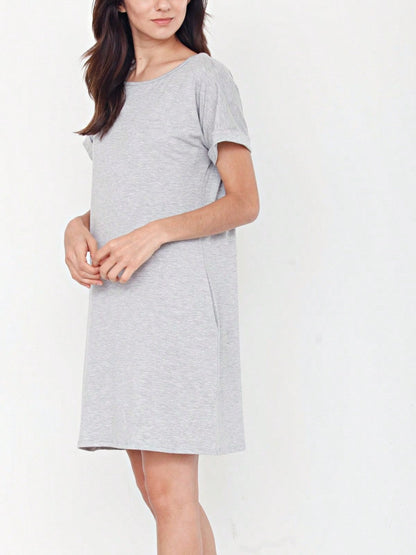 Boho Retro Rayon Cool Soft Summer Cuff Short Sleeve Crew Neck T Shirt Mini Dress Tunic With Pockets