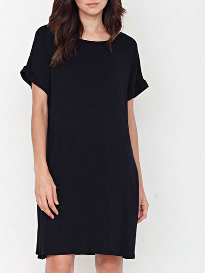 Boho Retro Rayon Cool Soft Summer Cuff Short Sleeve Crew Neck T Shirt Mini Dress Tunic With Pockets