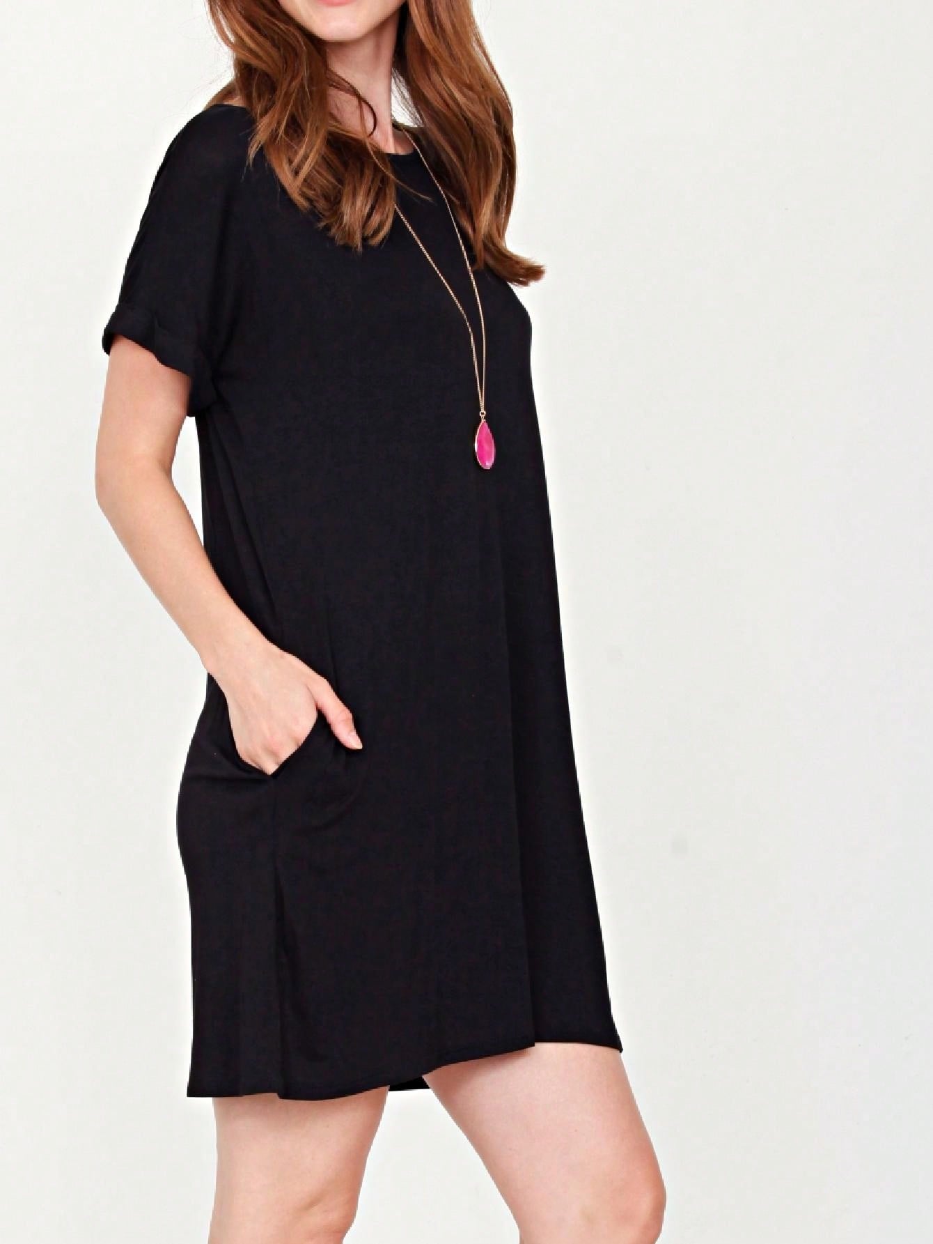 Boho Retro Rayon Cool Soft Summer Cuff Short Sleeve Crew Neck T Shirt Mini Dress Tunic With Pockets
