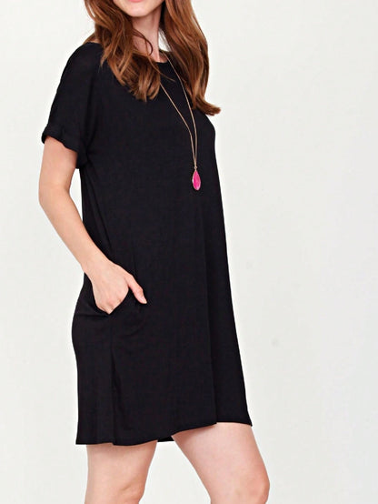 Boho Retro Rayon Cool Soft Summer Cuff Short Sleeve Crew Neck T Shirt Mini Dress Tunic With Pockets