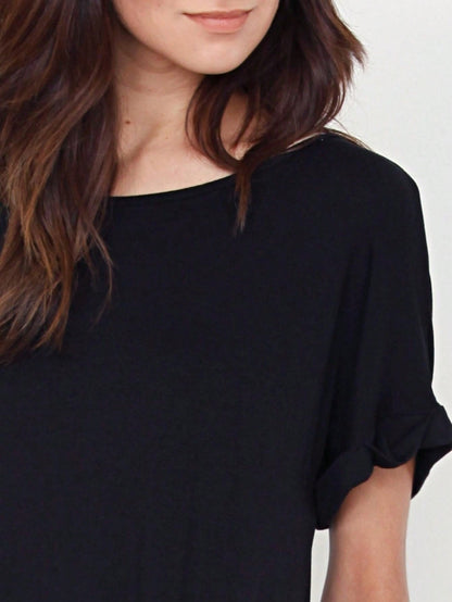 Boho Retro Rayon Cool Soft Summer Cuff Short Sleeve Crew Neck T Shirt Mini Dress Tunic With Pockets