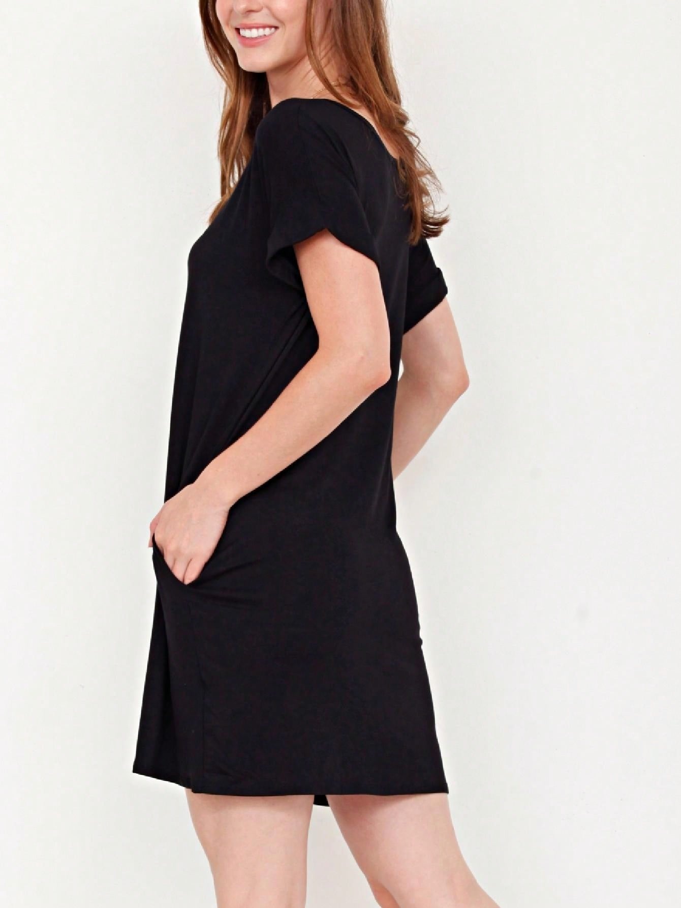 Boho Retro Rayon Cool Soft Summer Cuff Short Sleeve Crew Neck T Shirt Mini Dress Tunic With Pockets