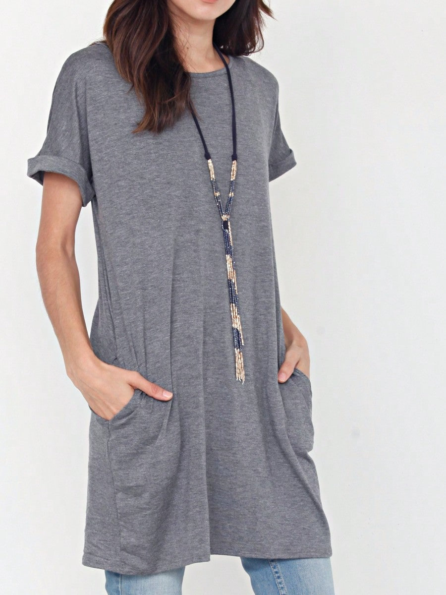 Boho Retro Rayon Cool Soft Summer Cuff Short Sleeve Crew Neck T Shirt Mini Dress Tunic With Pockets