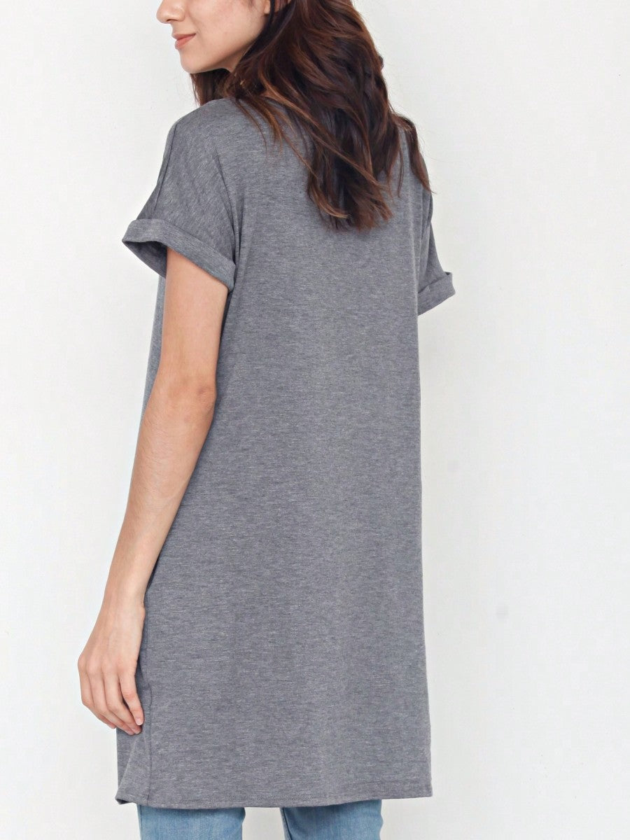 Boho Retro Rayon Cool Soft Summer Cuff Short Sleeve Crew Neck T Shirt Mini Dress Tunic With Pockets