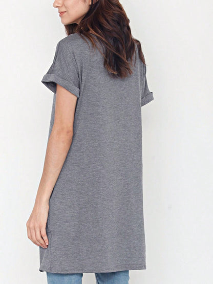 Boho Retro Rayon Cool Soft Summer Cuff Short Sleeve Crew Neck T Shirt Mini Dress Tunic With Pockets