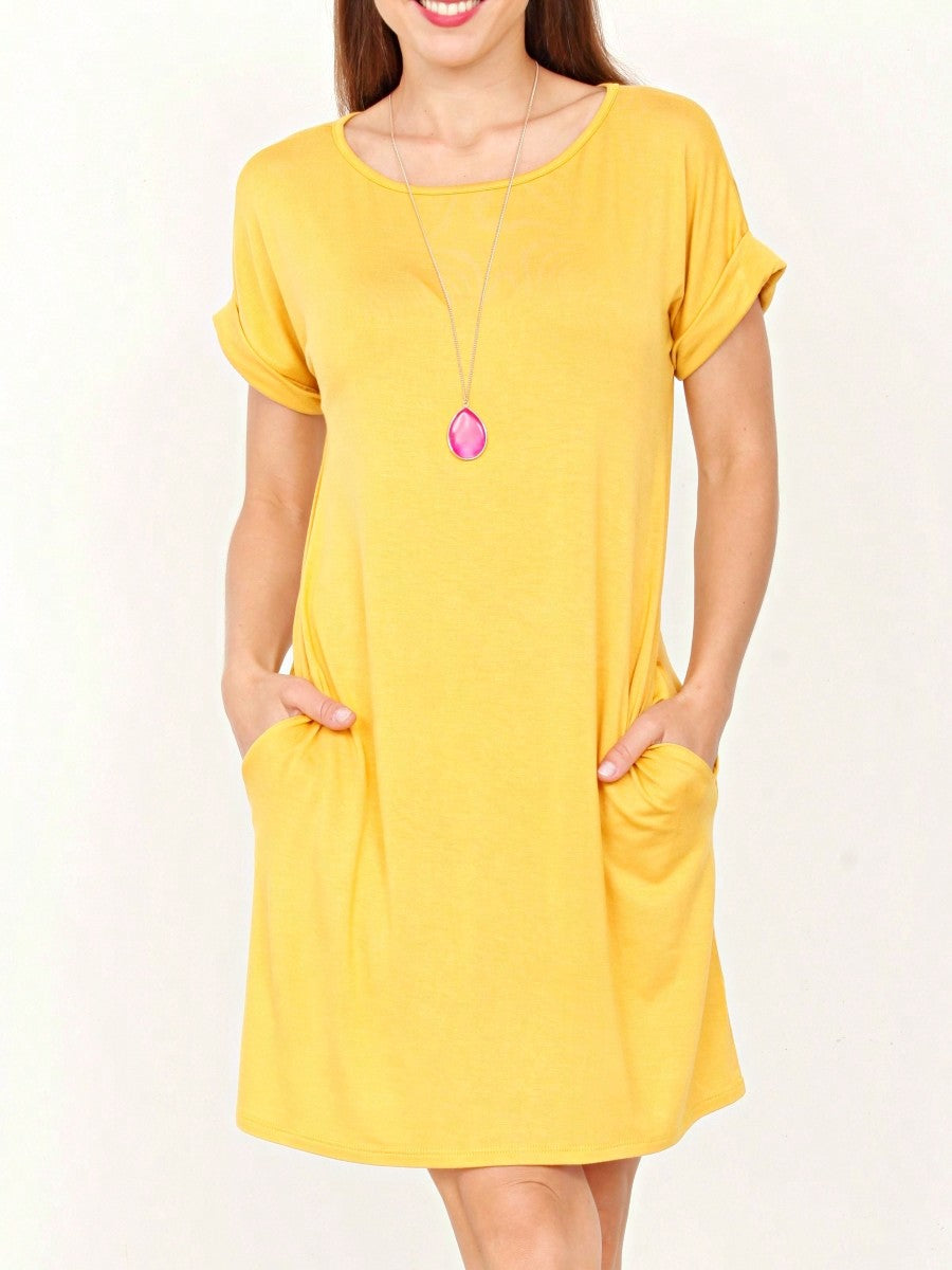 Boho Retro Rayon Cool Soft Summer Cuff Short Sleeve Crew Neck T Shirt Mini Dress Tunic With Pockets