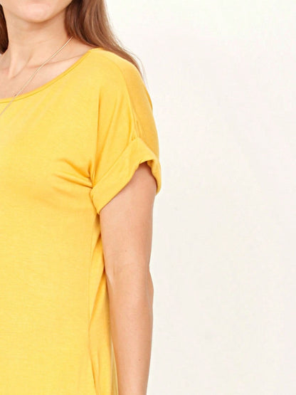 Boho Retro Rayon Cool Soft Summer Cuff Short Sleeve Crew Neck T Shirt Mini Dress Tunic With Pockets