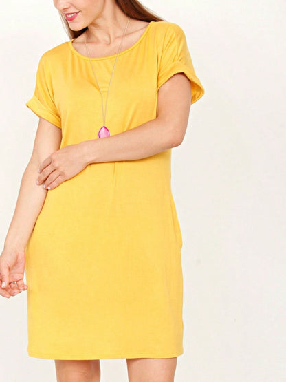 Boho Retro Rayon Cool Soft Summer Cuff Short Sleeve Crew Neck T Shirt Mini Dress Tunic With Pockets