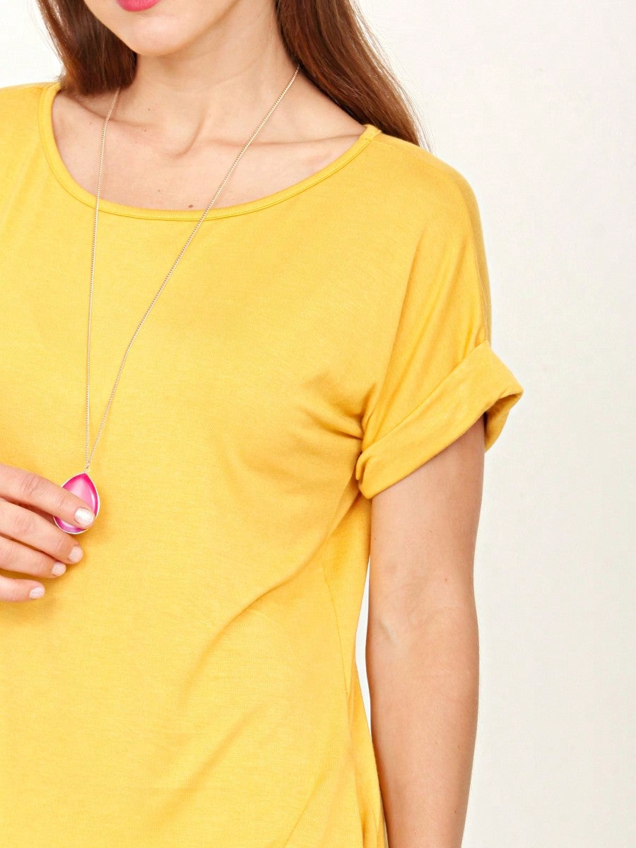 Boho Retro Rayon Cool Soft Summer Cuff Short Sleeve Crew Neck T Shirt Mini Dress Tunic With Pockets