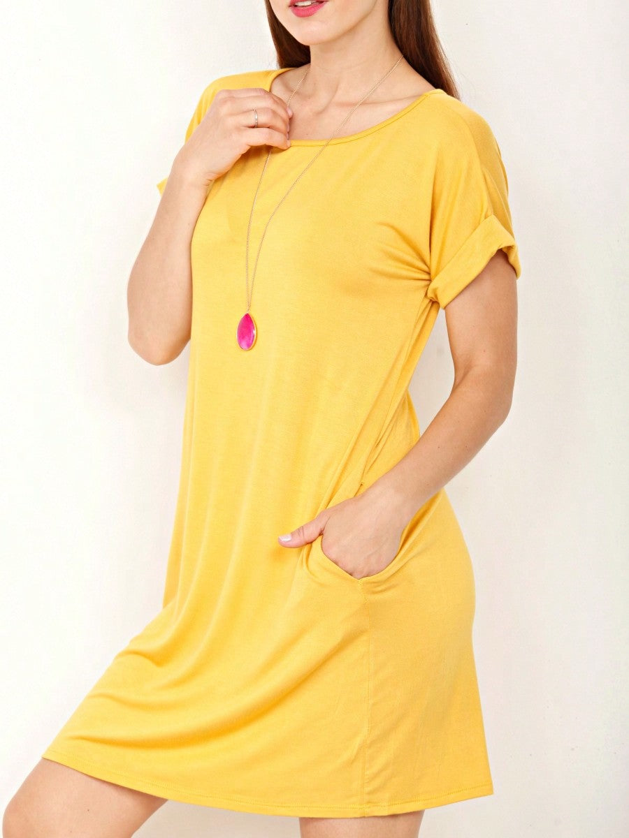 Boho Retro Rayon Cool Soft Summer Cuff Short Sleeve Crew Neck T Shirt Mini Dress Tunic With Pockets