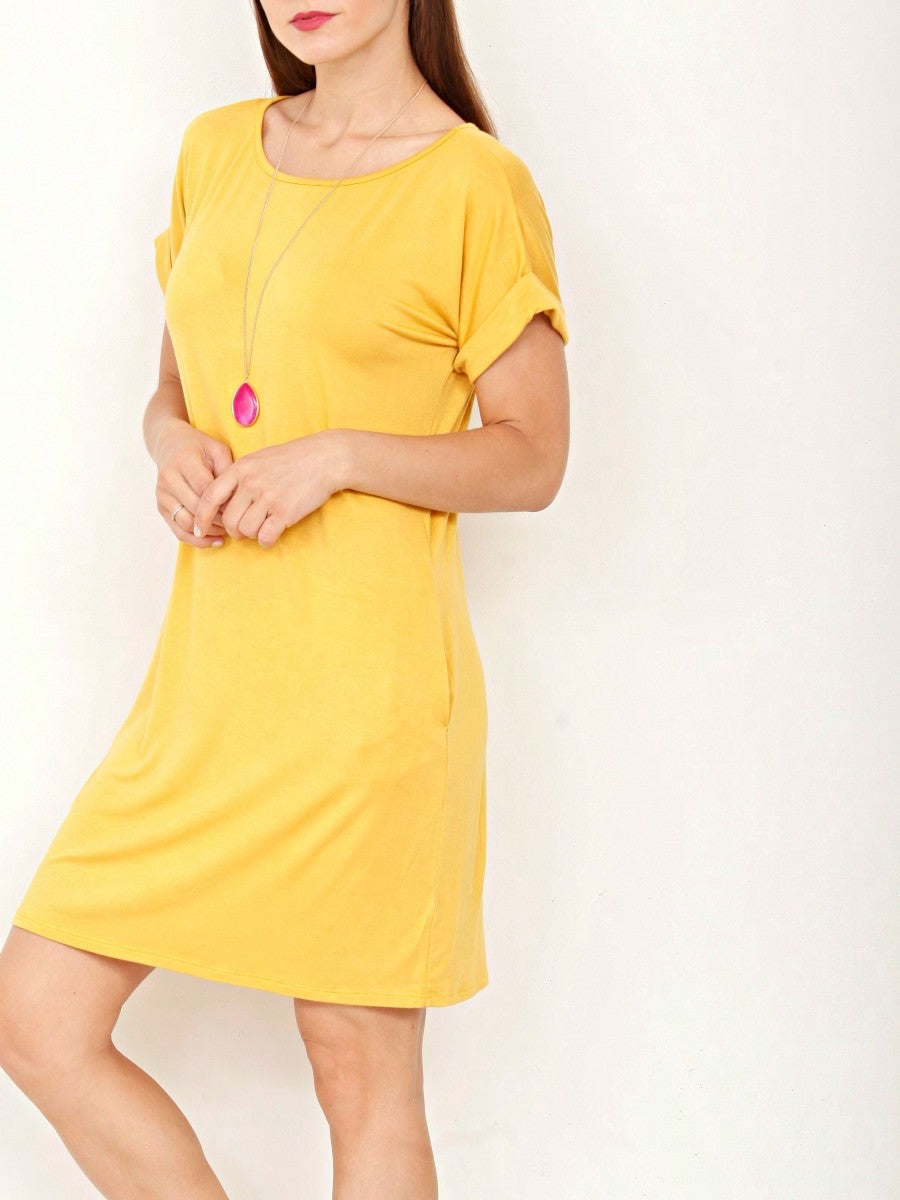 Boho Retro Rayon Cool Soft Summer Cuff Short Sleeve Crew Neck T Shirt Mini Dress Tunic With Pockets