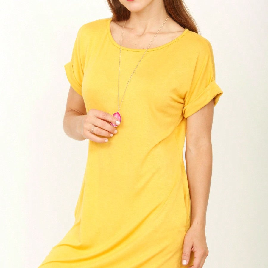 Boho Retro Rayon Cool Soft Summer Cuff Short Sleeve Crew Neck T Shirt Mini Dress Tunic With Pockets