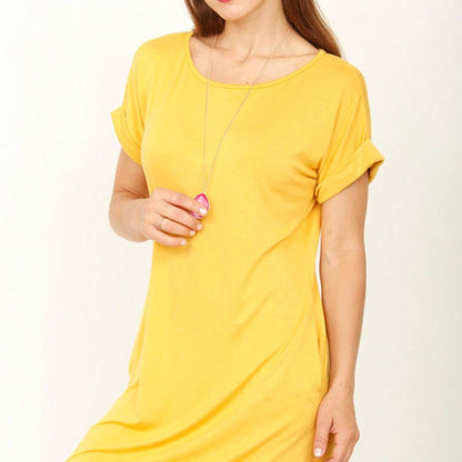 Boho Retro Rayon Cool Soft Summer Cuff Short Sleeve Crew Neck T Shirt Mini Dress Tunic With Pockets