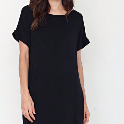 Boho Retro Rayon Cool Soft Summer Cuff Short Sleeve Crew Neck T Shirt Mini Dress Tunic With Pockets