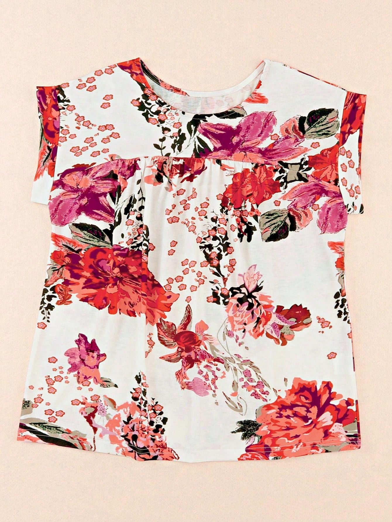Boho Retro Vintage 60's Vibe Rose Red Floral Pleated Blue Stripe Dolman Bat Wing Ivory Whited Top Shirt Blouse