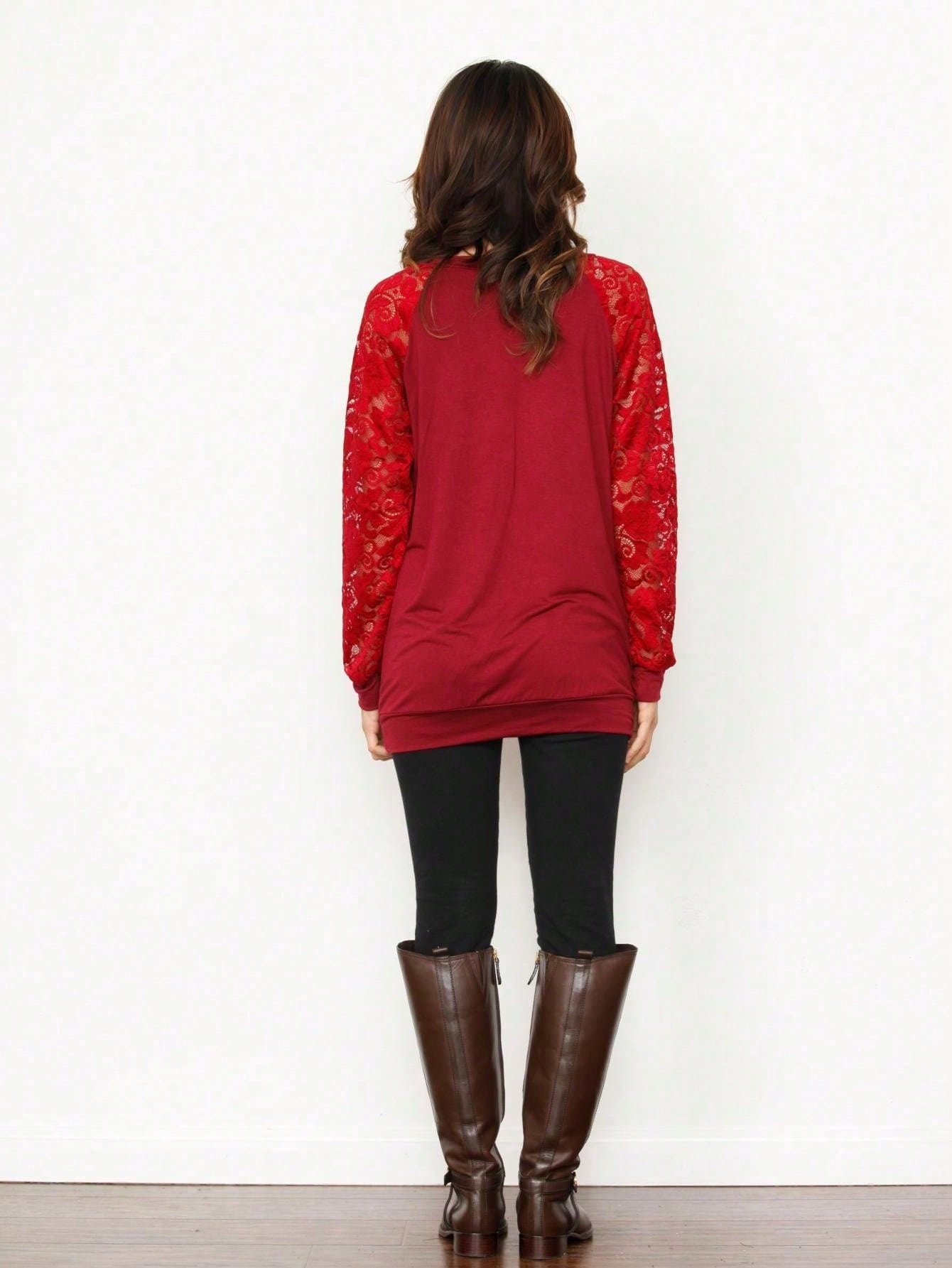 Gold Red Lace Hollow Eyelet Rayon Soft Long  Sleeve Raglan Tunic Top Band Hem Shirt