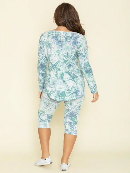 Retro Tie Die Long Sleeve Crew Neck Tie Dye Rayon Mix Green Charcoal Top Tunic Shirt Top Only