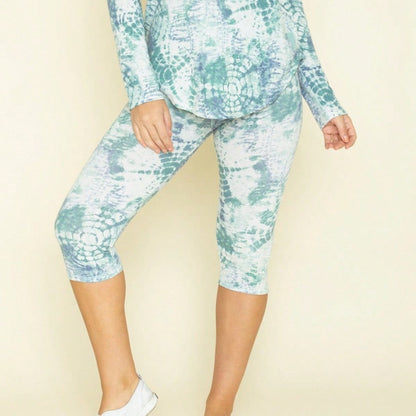 Boho Retro 60"S Geo Tie Die Knee Length Water Color Green Charcoal Leggings Bottom Pants Only